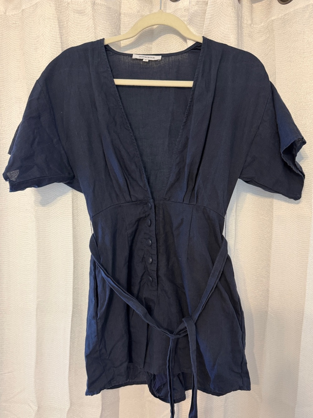 Olivaceous Navy Short-Sleeve V-Neck Tie-Waist Romper